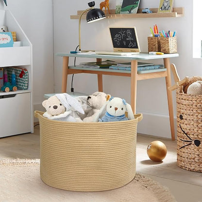 MEGASKET Extra Large Storage Basket, 22" X 22" X 14" Stuffed Animal Basket for Living Room Kids Room, Soft Cotton Rope Bin With Handle, Throw Blanket Storage, Stuffed Animal Toy Organizer Box