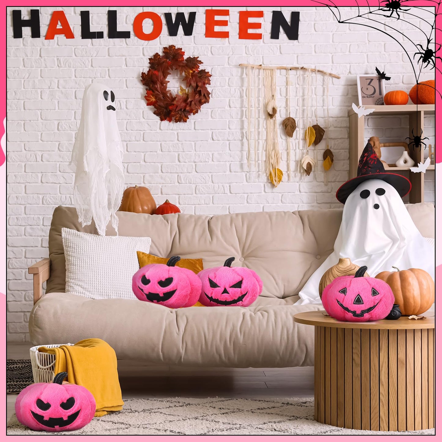 Yuntau 3 Pcs Halloween Pink Pumpkin Pillows Ghost Plush Stuffed Pumpkin Sofa Throw Pillow Cushion for Halloween Home Car Bedroom Sofa Decor 7.87 Inch