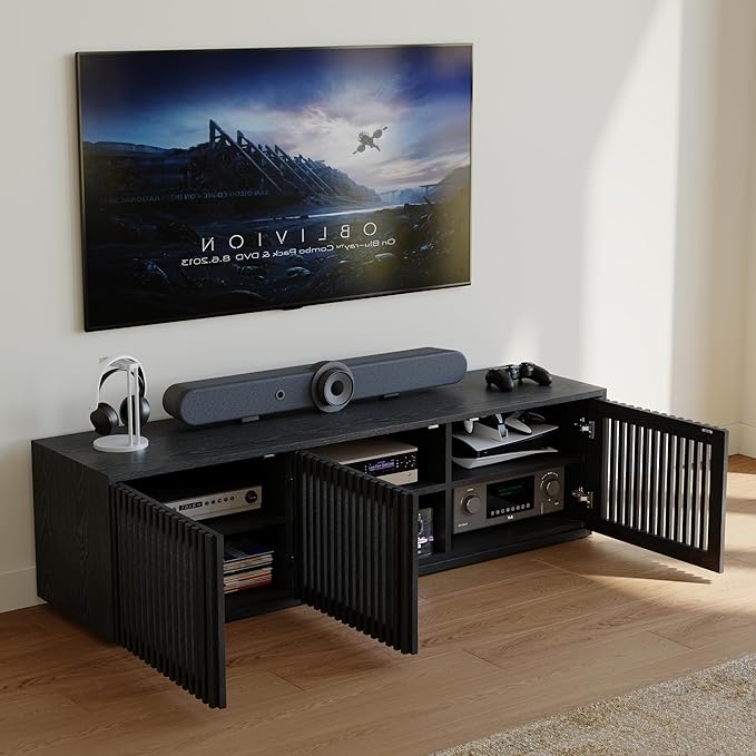 POVISON Full Assembled Mid Century Modern TV Stand, 59.06" Wood Slatted Media
