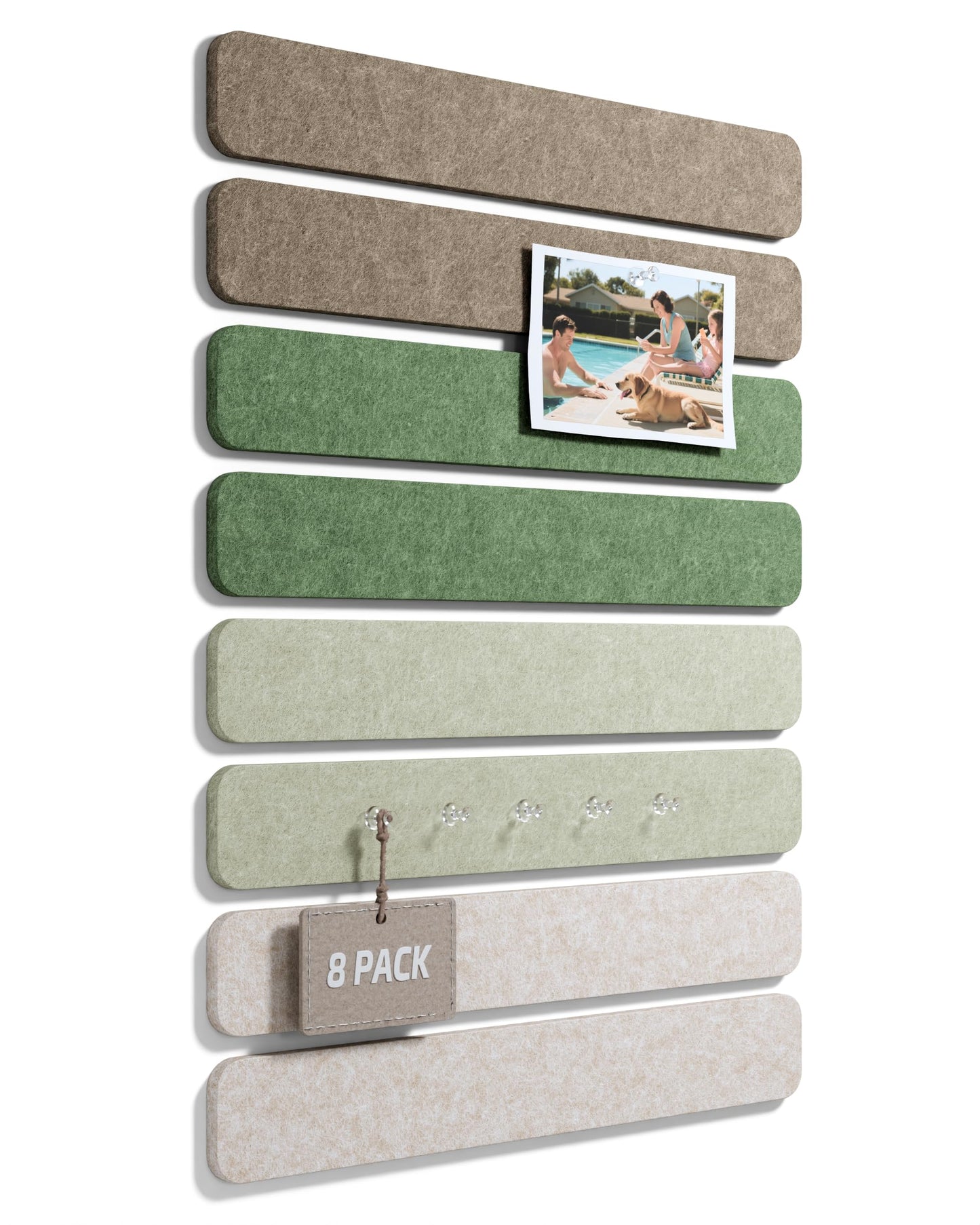Fluxynara Cork Board Alternative Felt Strip Board 8-Pack 13"x2", Office Pin Board with 50 Push Pins, Adhesive Install for Bedroom Door & Home Office (Moss Haven）