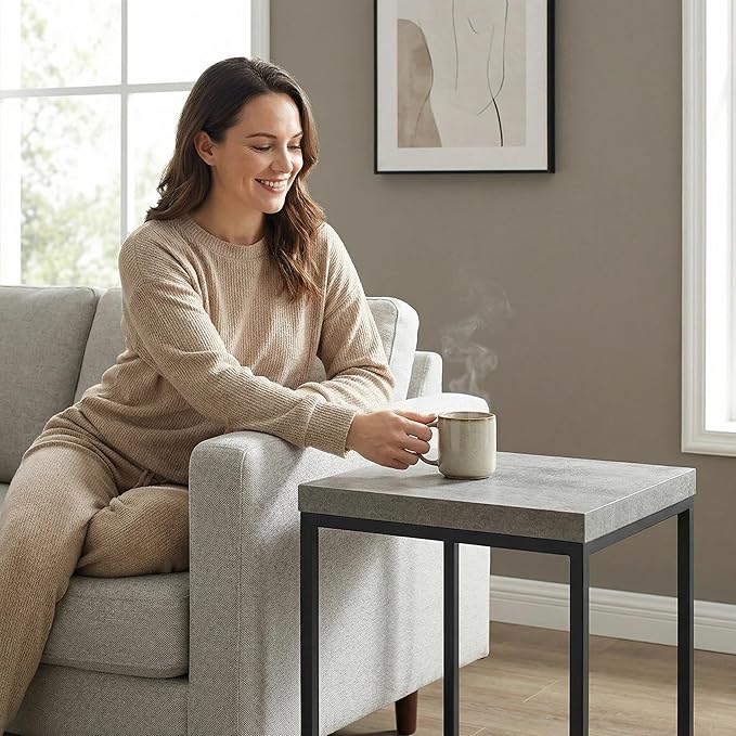 CENSI Modern Grey Square End Table, Extra Thick 1.6" Wood Top & Metal Frame