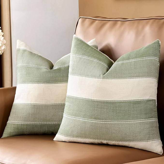 AmHoo Pack of 2 Farmhouse Stripe Check Throw Pillow Covers Set Case Cotton