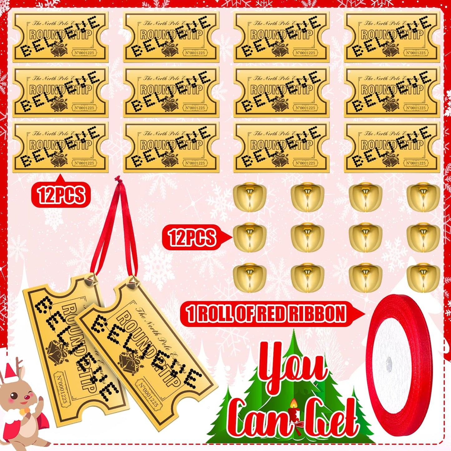 25 Pack Christmas Polar Golden Tickets Bulk Set Include 12 Pcs 4.7" x 2.5" Acrylic Golden Tickets 12 Believe Bells 1 Roll Red Ribbon North Pole Believe Train Ticket Christmas Tree Hanging Ornaments