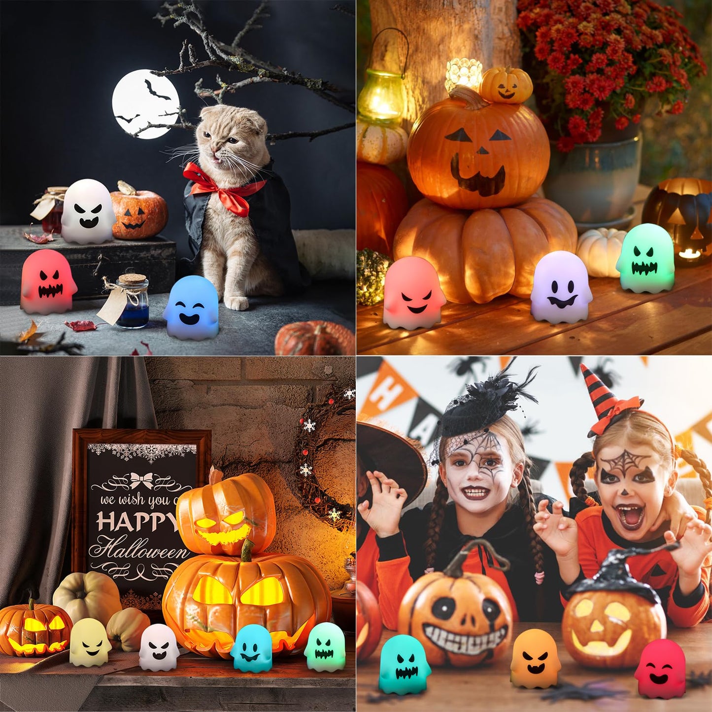DRomance Halloween Ghost Lights Flameless Candles Battery Operated with Remote and Timer 6 Pack Color Changing LED Small Votive Candles Spooky Halloween Indoor Deocration(2 x 2.4 Inches)
