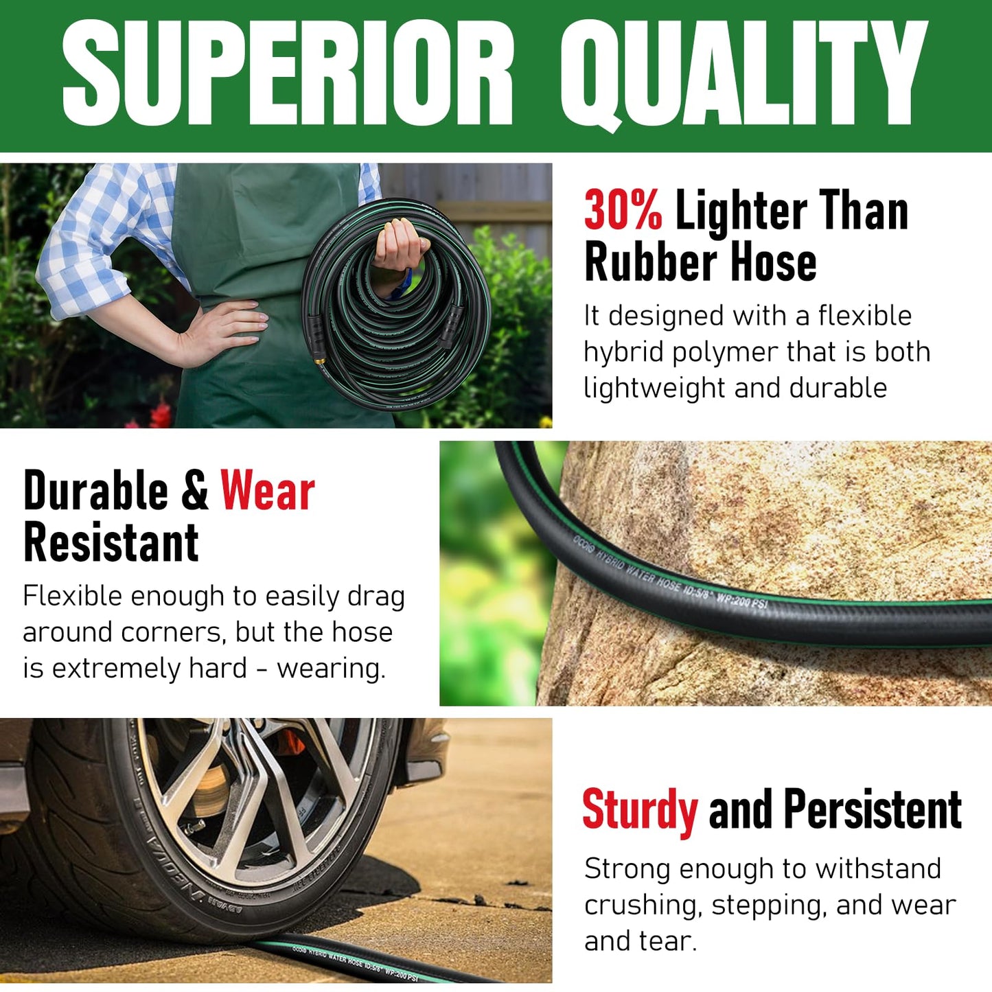 Garden Hose 25 ft x 5/8" with Nozzle, Water Hose Heavy Duty Flexible, Lightweight Kink-less Hybrid Hose with Swivel Handle, Male to Female Fittings