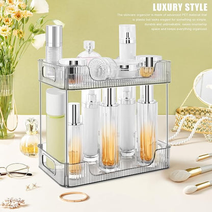 2-Tier Bathroom Counter Organizer Countertop Storage, Dresser Organizer Vanity Tray for Makeup, Perfume Organizer Cosmetics Skincare Shelf - Grey