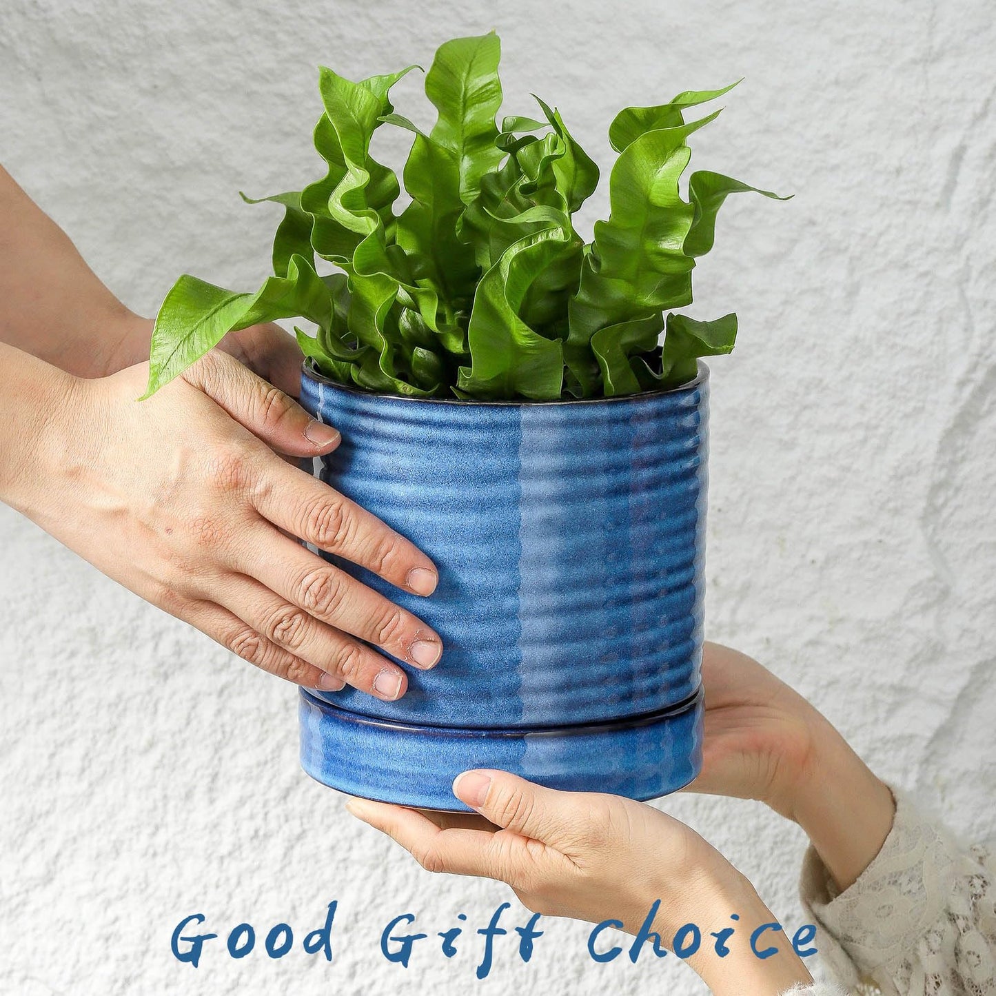 HASENSE Ceramic Plant Pot with Saucer, 6 Inch Planter for Indoor/Outdoor Plants with Drainage Hole,Blue Glazed Flower Pot for Succulents, Snake Plants & Cactus, Modern Farmhouse Decor & Gift
