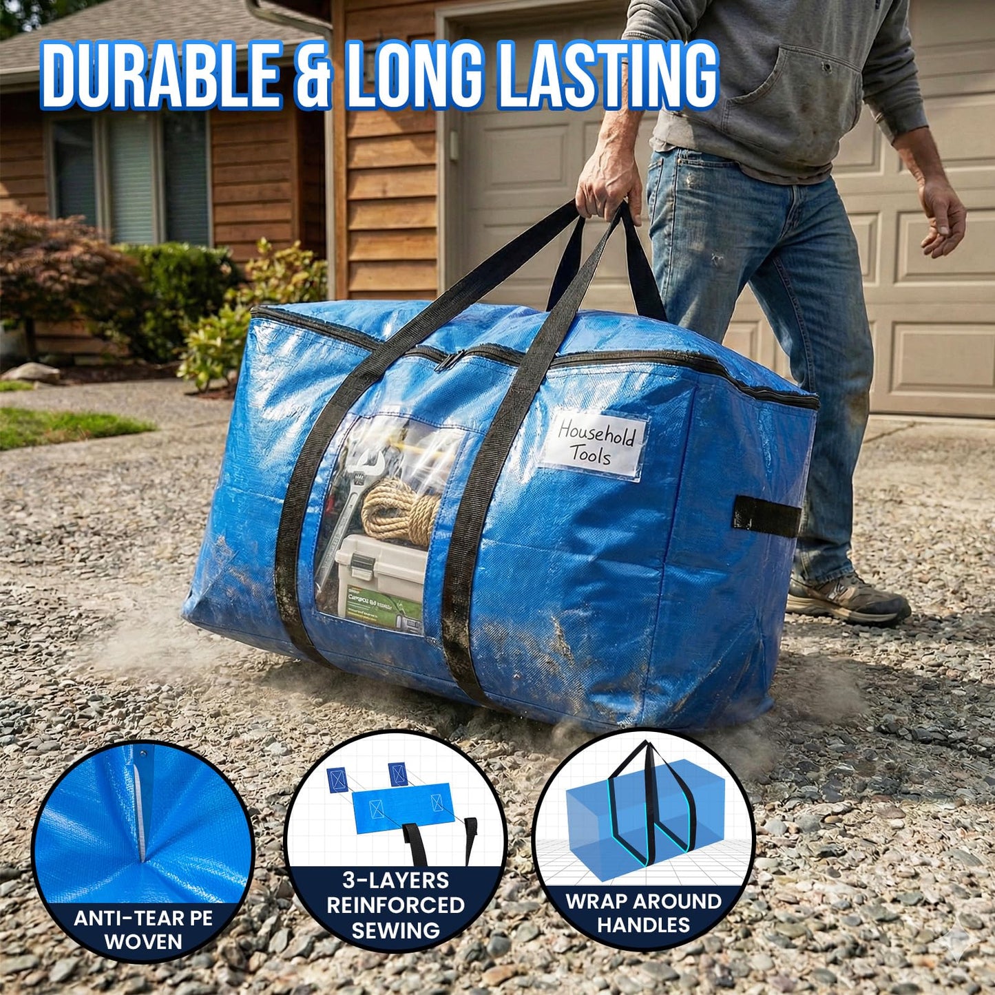 TAILI Extra Large Moving Bags, 2 Pack Blue Heavy Duty Totes For Storage with Visible Window, Wrap Around Handles, Storage Bags for Space Saving, Alternative to Moving Boxes