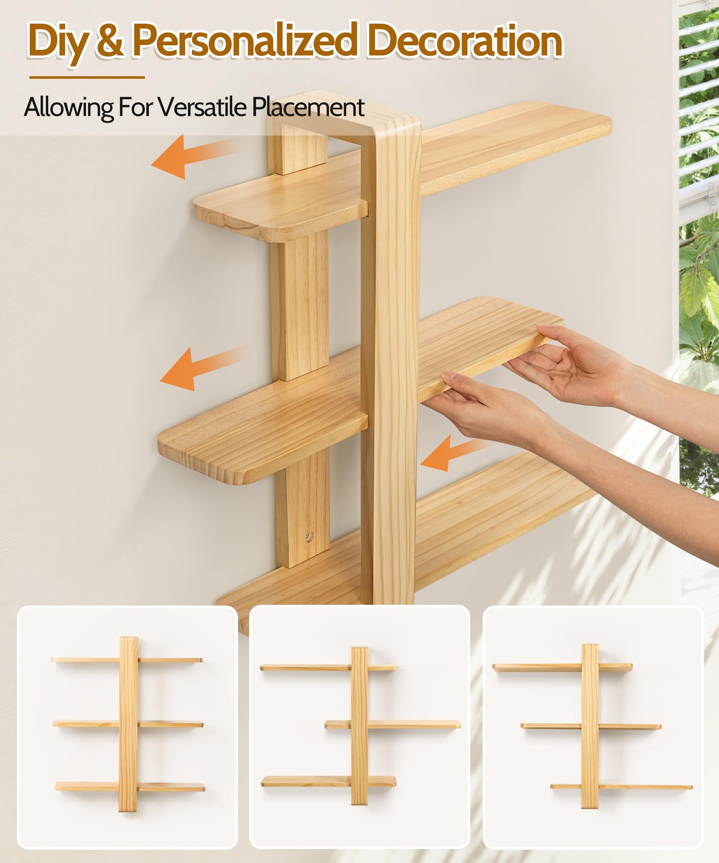 SUMGAR Floating Shelves for Wall Wood Mounted Shelving Unit All Pine Natural Wooden 3 Tier Large Shelf for Bedroom Living Room Office Bathroom Home Decoration Storage Plant Photo Display Modern 20in