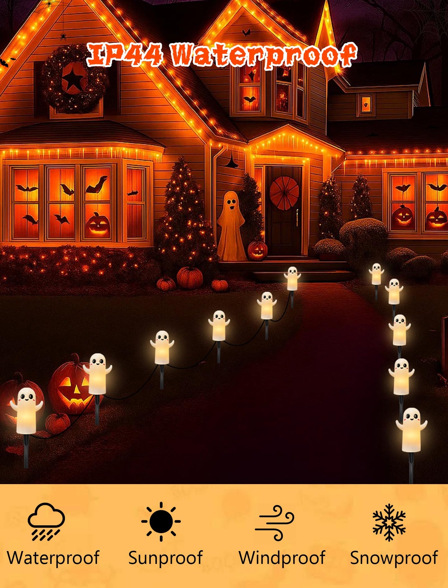 Halloween Ghosts Pathway Lights,4 Pack Ghosts Stake Lights with C7 Clear Bulbs,7Ft Extendable Waterproof Walkway Lights Halloween Decor for Yard Porch Lawn Pathway Garden