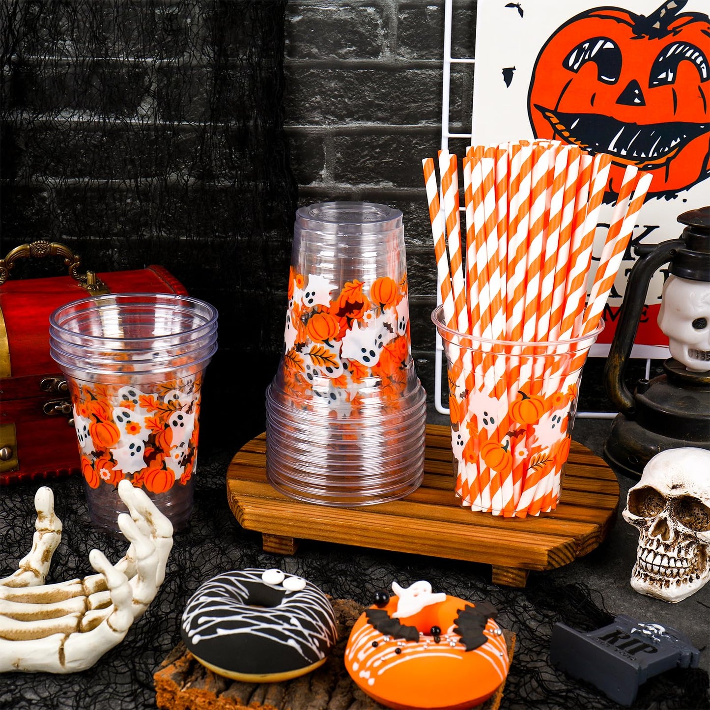 Whaline 50Pcs 12Oz Halloween Plastic Cups with Lids & Straws Pumpkin Ghost Disposable Clear Drinking Cups with Black Ribbon for Birthday Party Supplies