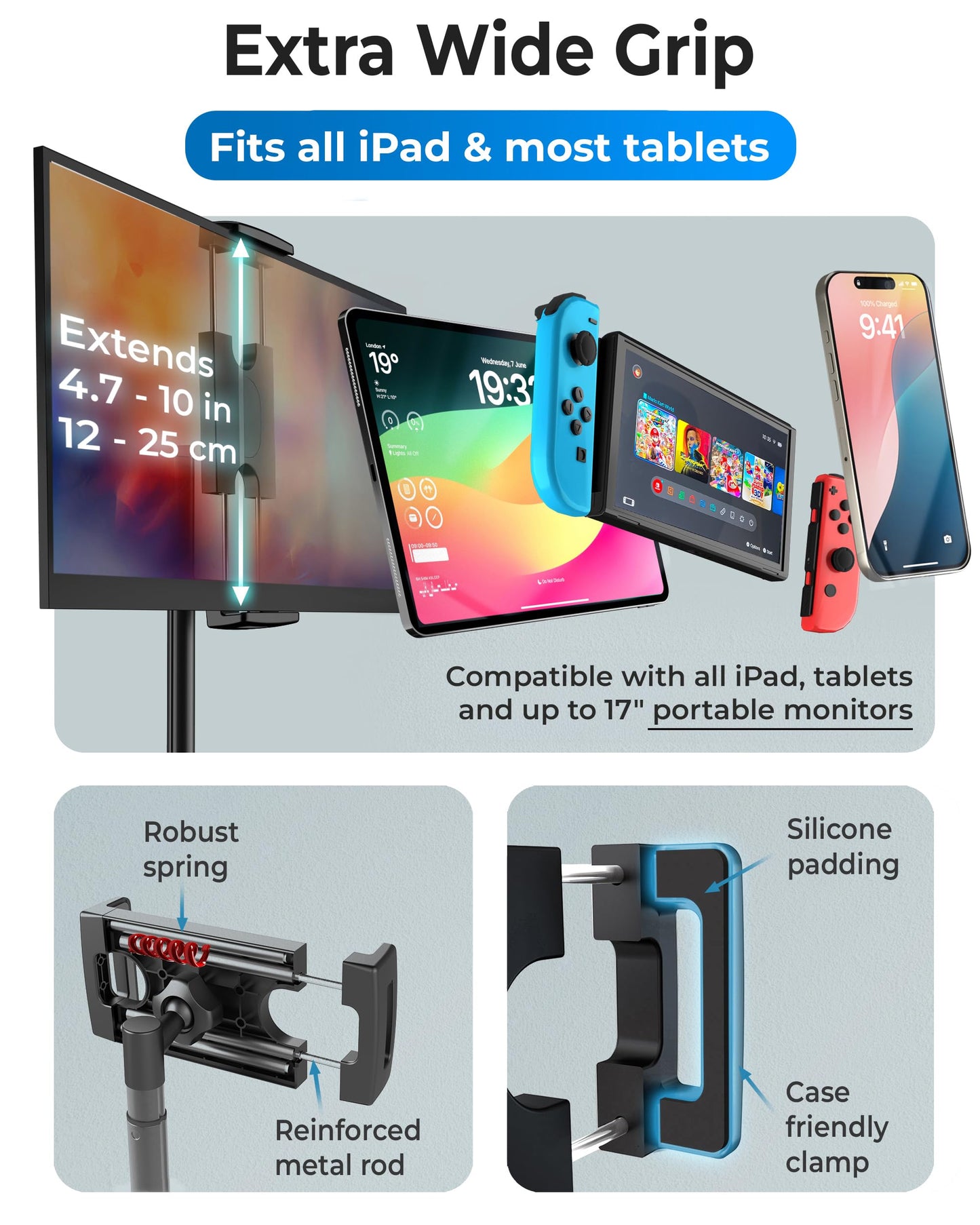 COOPER TabStand, 20" Tall iPad Stand for Desk, Portable Monitor Holder up to 17" Holds 4.4lb, Desktop Tablet Stand, Tablet Mount, Apple iPad Holder for Desk, for Samsung, Kindle, Fire (Night Black)