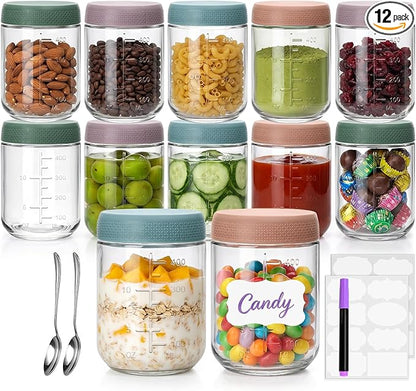 16 oz Glass Jars with Lids,12 Pack Overnight Oats Containers with lids,Small Glass Containers with Lids for Homemade Jams, Sauces, Food Jar for Smoothies, Yogurt,Spice,Desserts, and even DIY Crafts