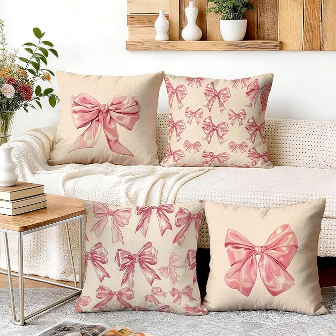 OBSEDE Cute Pink Bow Decorative Throw Pillow Covers 18 × 18 in, Couch Cushion