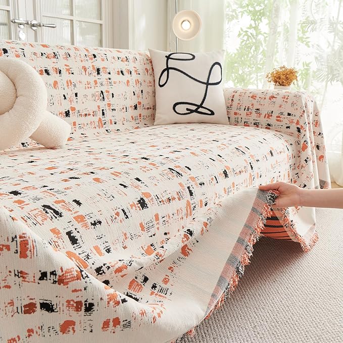 DREAMINGO Abstract Chenille Couch Cover Blanket Beige Orange Black Boho Sofa