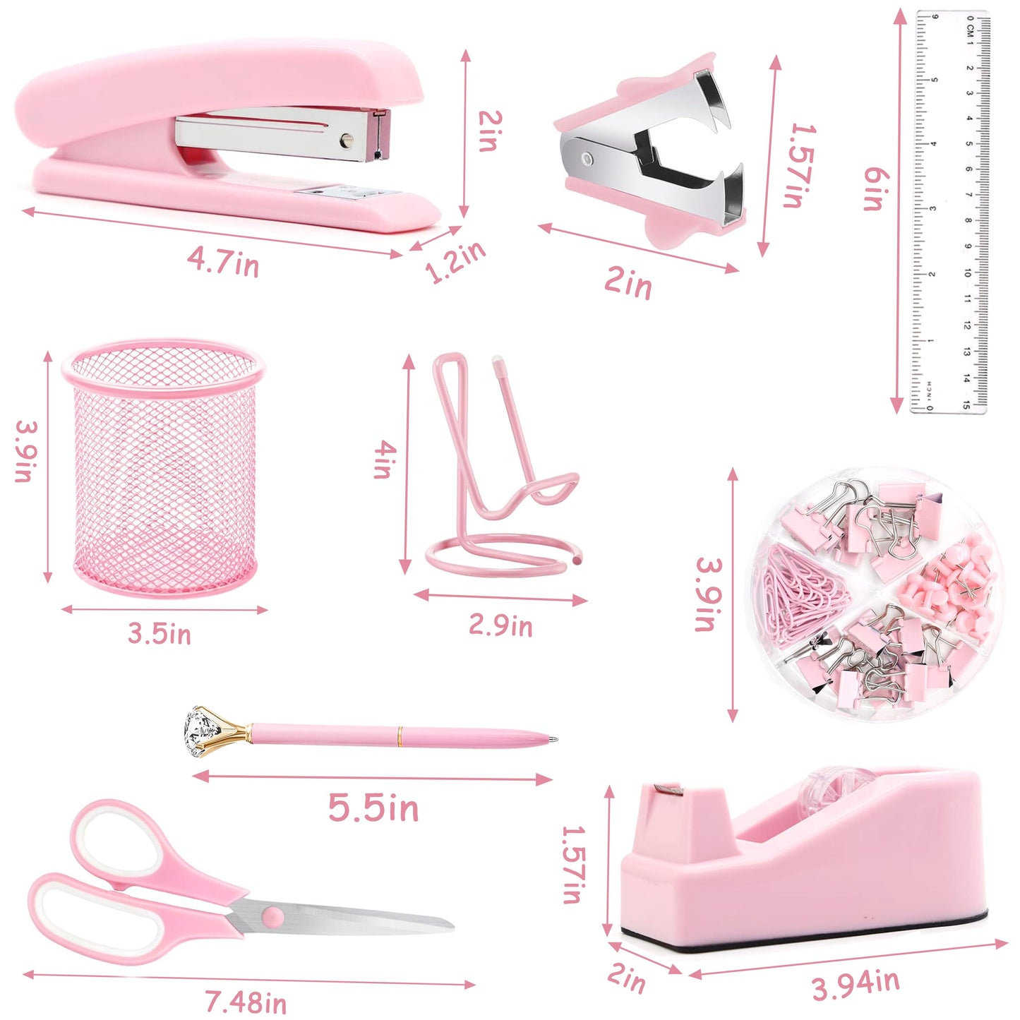 Pink Office Supplies, Pink Desk Accessories, Stapler, Staple Remover, Tape Holder, Pen Holder, Ballpoint Pen, Scissor, Binder Clips, 1000pcs Staples, Phone Holder, Ruler, Transparent Glue and Notes