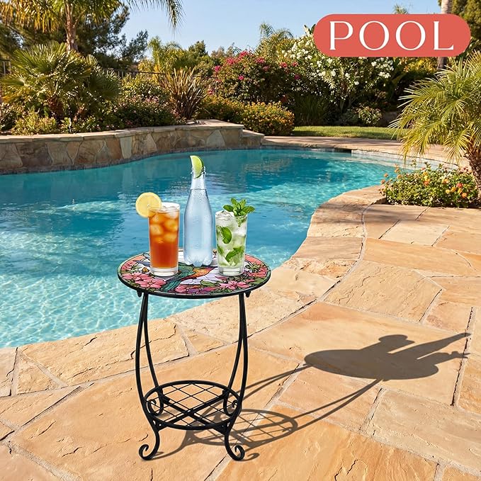 Cinnvoice Outdoor Side Table Round Small Mosaic Patio Accent Indoor End Plant