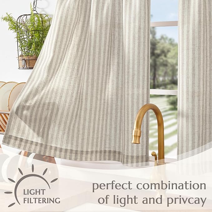 jinchan Striped Linen Kitchen Curtains 30 Inches Tier Curtains Farmhouse Modern Cafe Style Small Window Treatments Airy Light Filtering Rod Pocket for Living Room Bathroom 2 Panels Taupe Grey