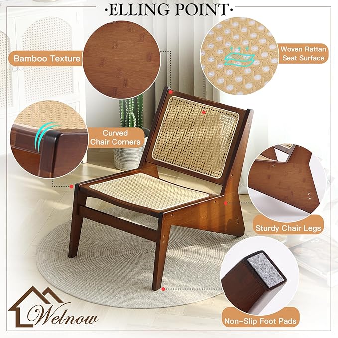 Welnow Mid Century Rattan Accent Chair, Bamboo Wood Lounge Chair