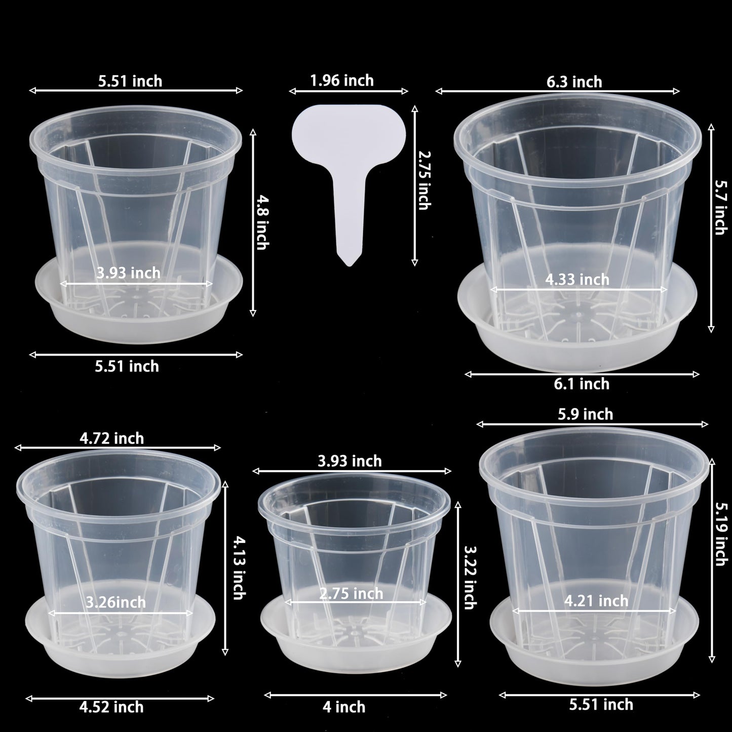 AUGXIXI 10 Sets Transparent Plastic Garden Pots Planter with Saucer 3.9/4.7/5.5/5.9/6.3 inch Plant Pot Nursery Pots Drainage Hole for House Plants, Herb, Flowers, and Cactus with 20pcs Plant Labels