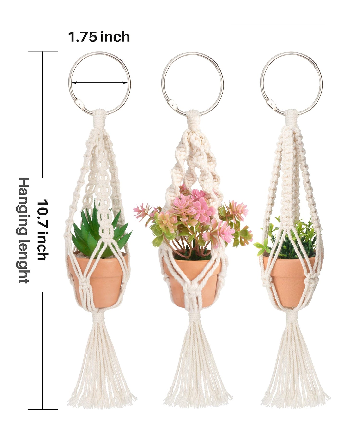 Macrame Plant Hangers, 3 Pcs Plant Hangers with Artificial Succulent Plants, Interior Car Accessories for Women, Rear View Mirror Accessories by MoHern