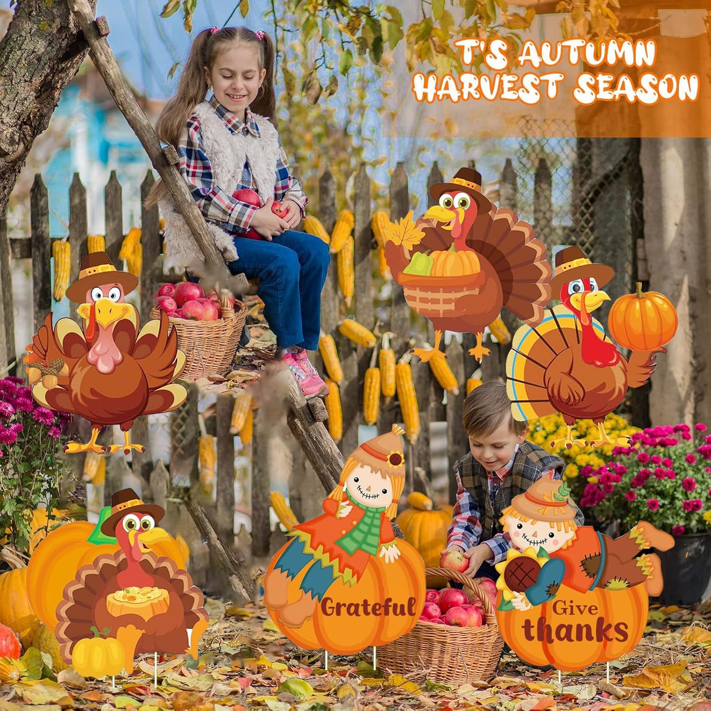 Thanksgiving Yard Sign with Stakes, Fall Scarecrow Pumpkin Turkey Outdoor Decorations Harvest Lawn Signs for Autumn Home Outside Decor