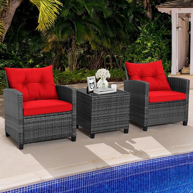HAPPYGRILL 3 Pieces Patio Conversation Set, Outdoor Furniture Set PE Rattan