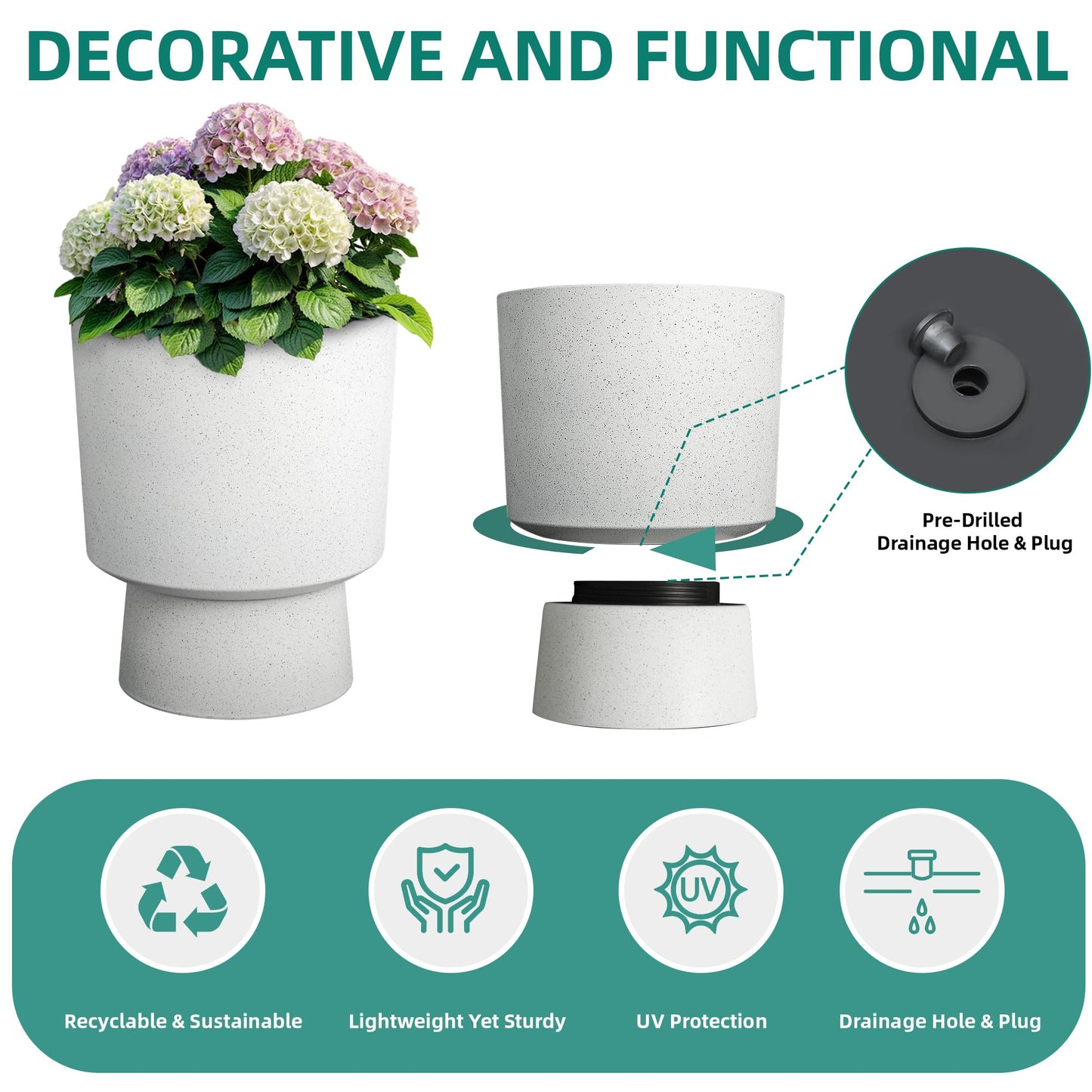 Autodaya 16.75" Tall Pedestal Planters Set of 2, Modern 2-in-1 White Terrazzo Urn-Style Flower Pots, UV-Protected Large Plant Containers for Indoor/Outdoor Garden Patio Balcony Decor