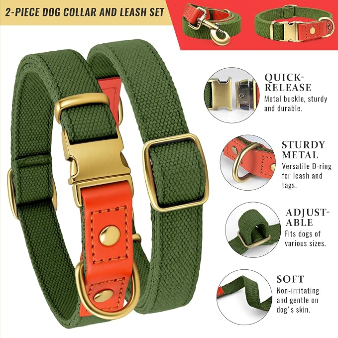 Dog Collar and Leash Set with Metal Quick Release Buckle, Adjustable, Breathable Nylon, Durable, Soft and Comfortable, No Pull for Walking and Training, Green, L (14.9"-22.8")