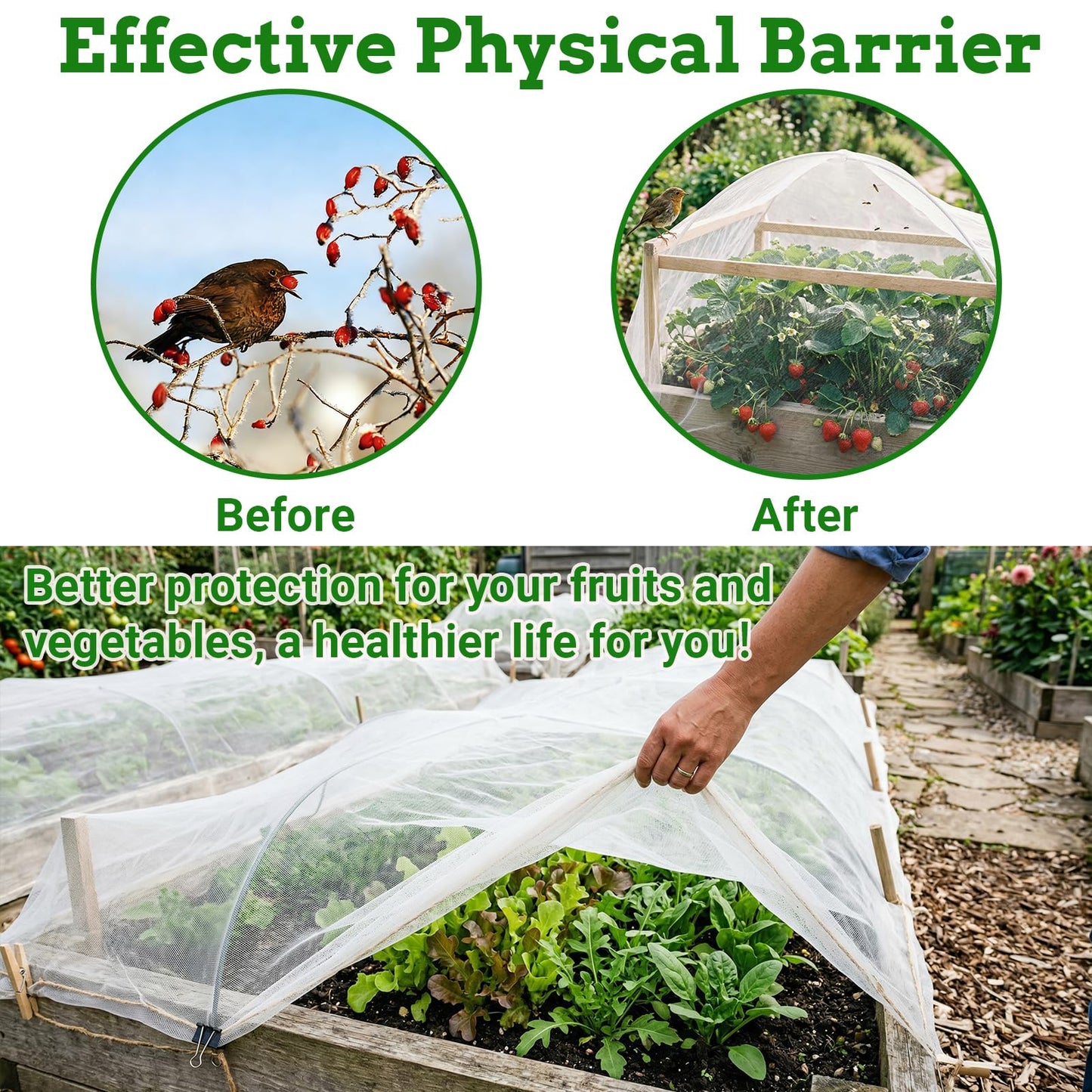 Ultra Fine 10'x20' Garden Netting,Pest Barrier & Bird Netting, Plant Mesh Net Row Cover for Garden,Greenhouse,Patio,Raised Beds, Protecting Vegetables, Flowers, Trees