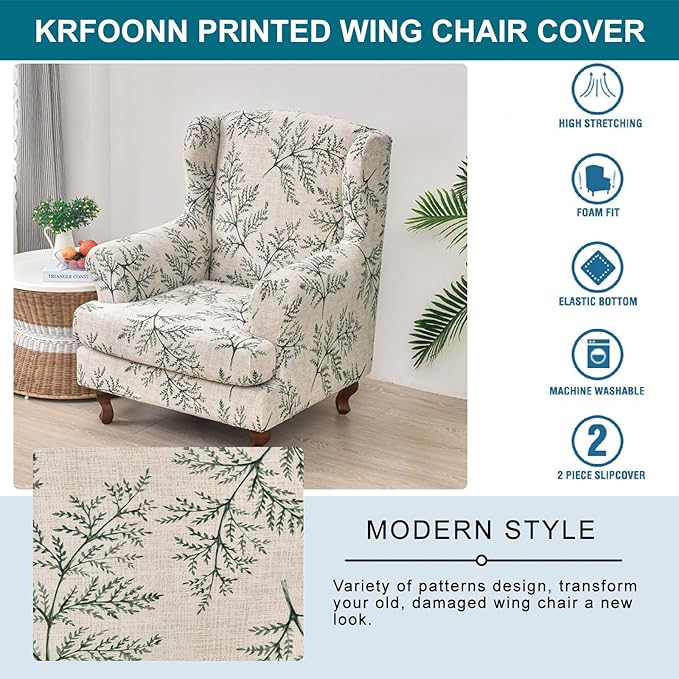 KRFOONN Stretch Wing Chair Slipcovers Printed 2 Piece Wingback Chair Covers