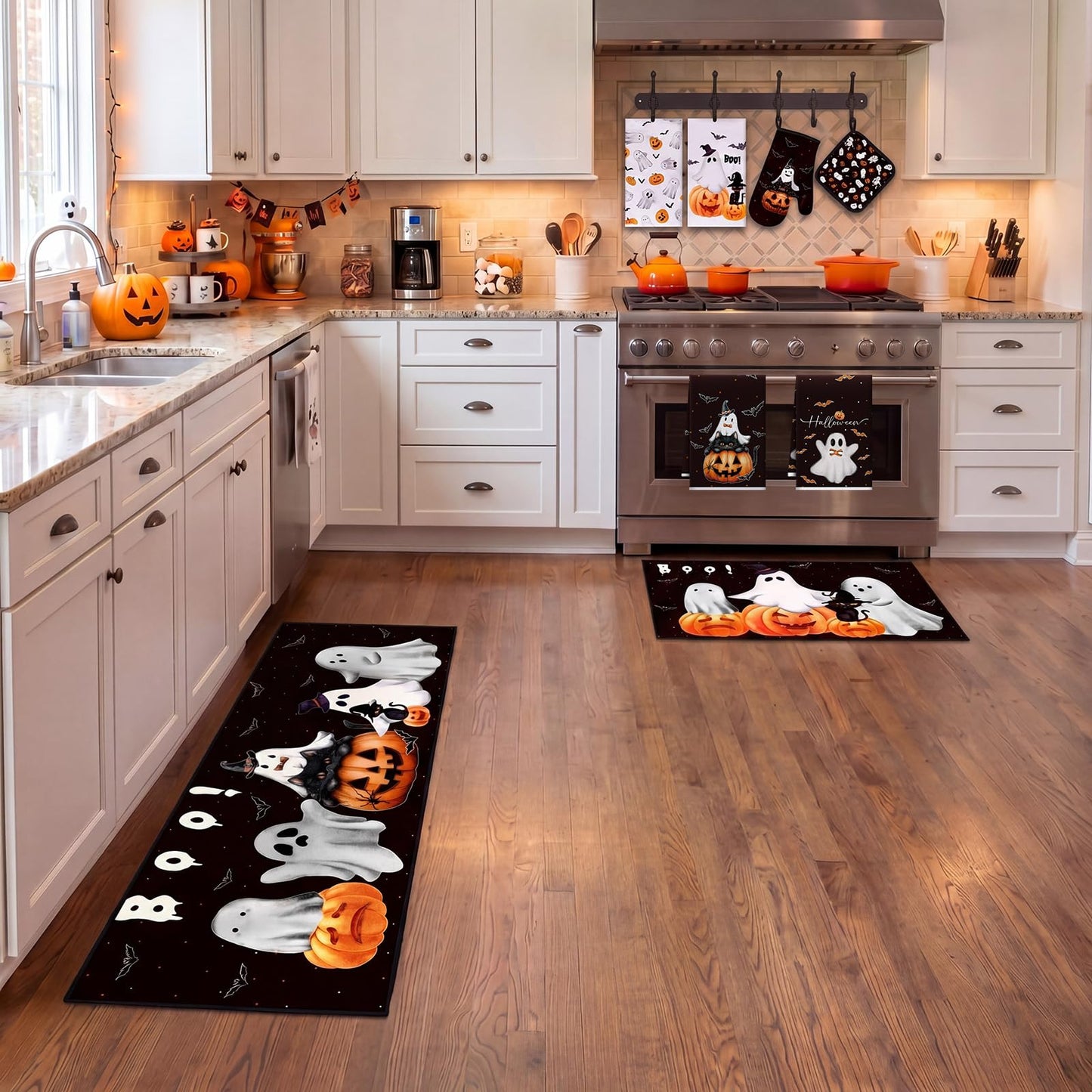 Fourluoo 10 Pcs Halloween Ghost Kitchen Decor Set Kitchen Rugs Dish Towels Oven Mitts and Pot Holders Set Ghost Decorations for Halloween Cooking Baking Grilling