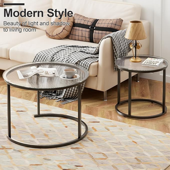 aboxoo Gold Nesting Coffee Table Set of 2, Small Glass Round Nesting Tables