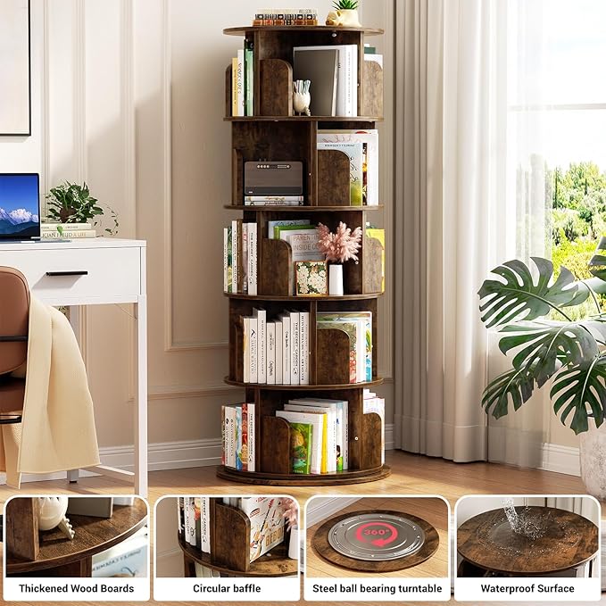Aheaplus Rotating Bookshelf, 360 Display Wood Spinning Bookshelf Tower