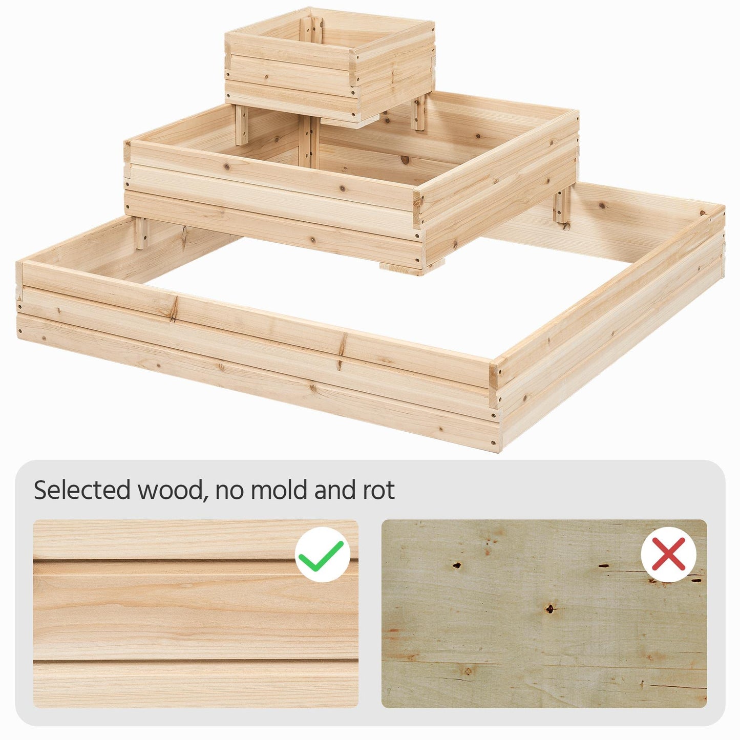 Yaheetech 3 Tier Wooden Raised Garden Bed 44.5'' L×44.5″ W×20.5″ H, Horticulture Open-Bottom Planter Raised Garden Bed for Flowers/Herbs/Vegetables Planter Flower Box