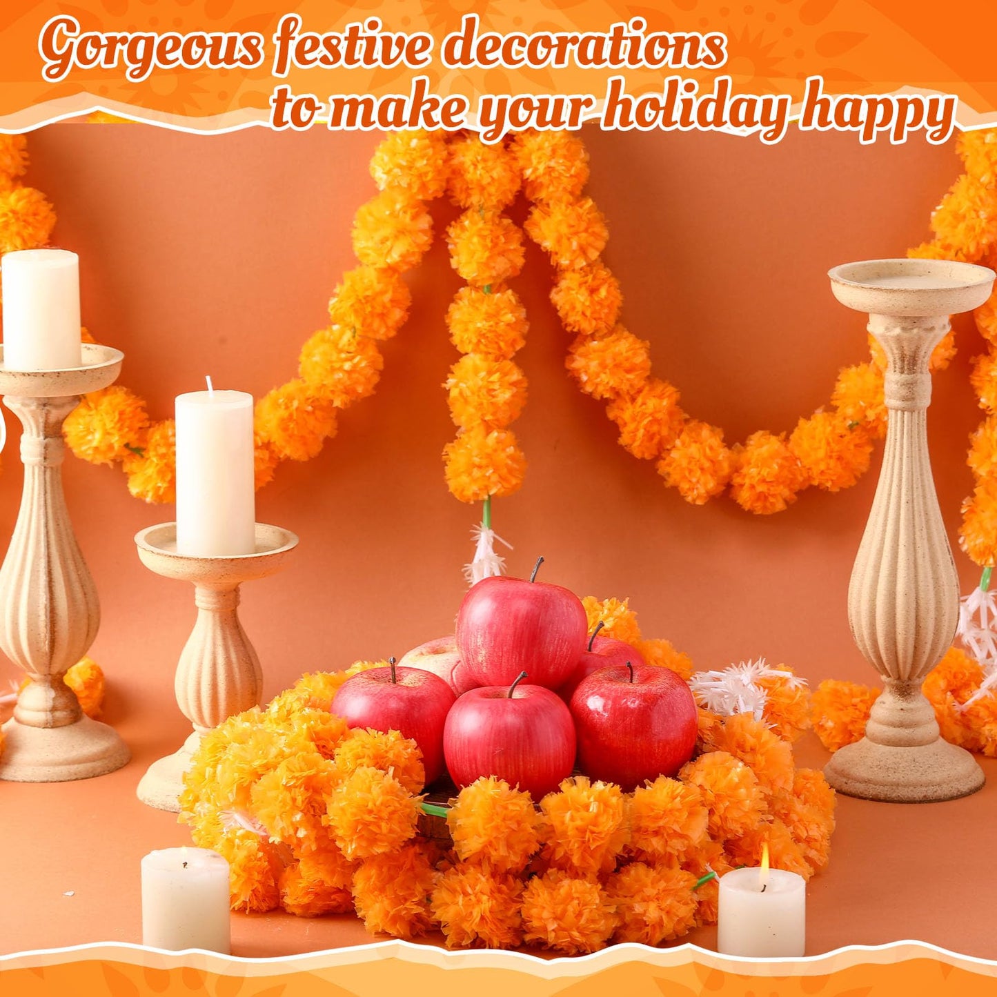 Giegxin 3 Pcs Marigold Garland for Diwali Decoration 4.92 feet Long Strand Artificial Marigold Flowers for Diwali Pooja Indian Home Wedding Dia De Los Muertos Day of The Dead (Orange)