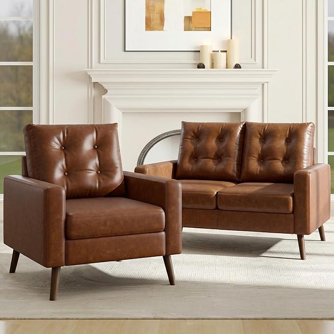 HNY Mid Century Modern 53" Loveseat Sofa, Comfy Upholstered Button Tufted Faux
