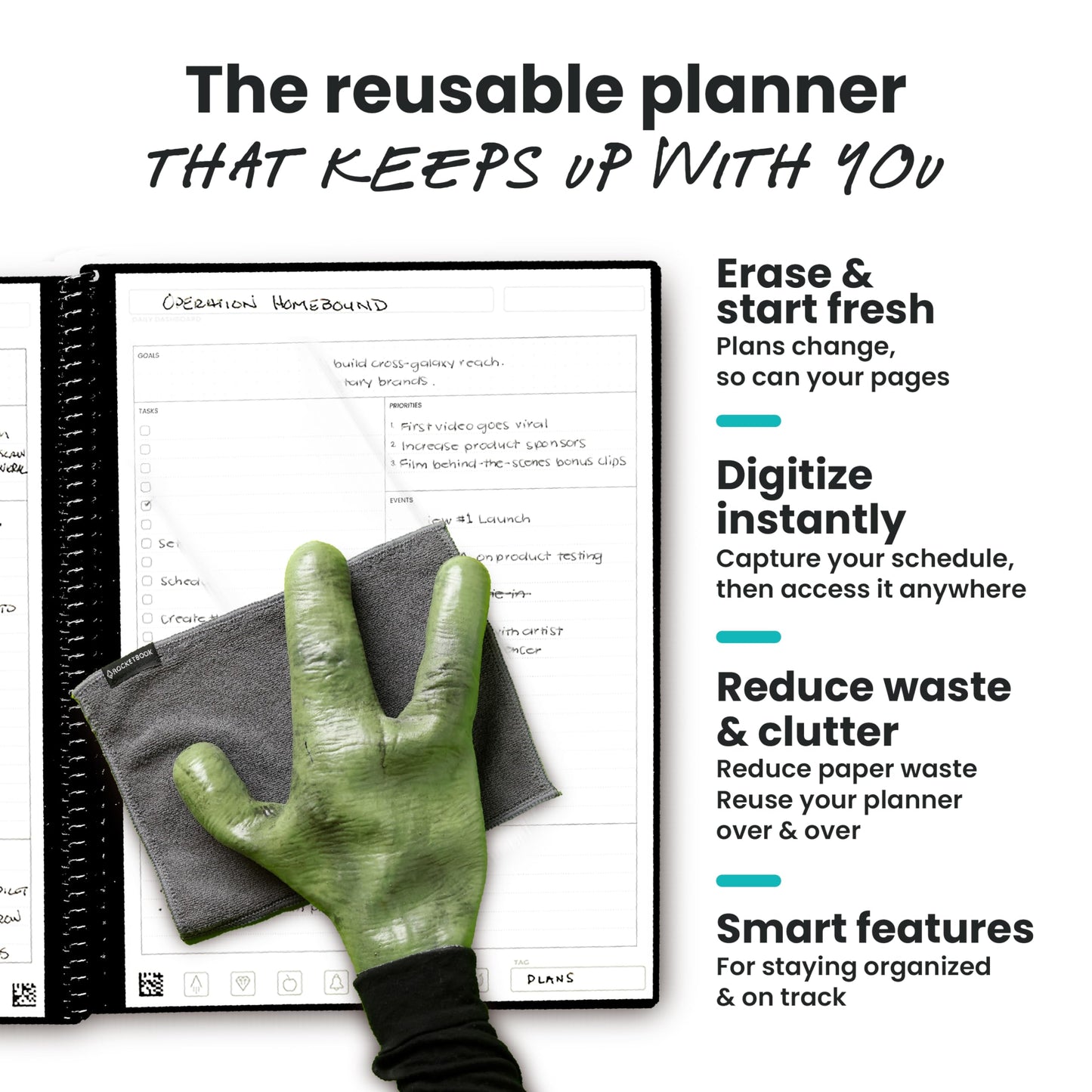 Rocketbook Flex Reusable Planner, Smart Undated, Daily, Weekly, Monthly, Annual Calendar Templates, Letter Size 8.5x11, Black (Pack of 1)