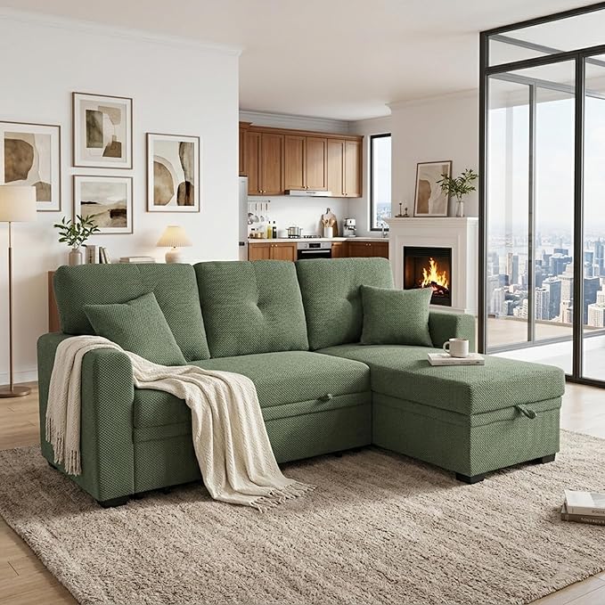 L Shaped Sectional Couch with Storage and Pull Out Bed, 3 Seater Sleeper Sofas