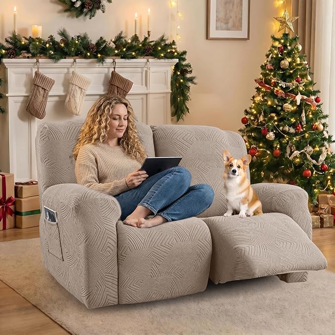 Recliner Loveseat Covers with Console, 6-Piece Stretch Geometric Strokes