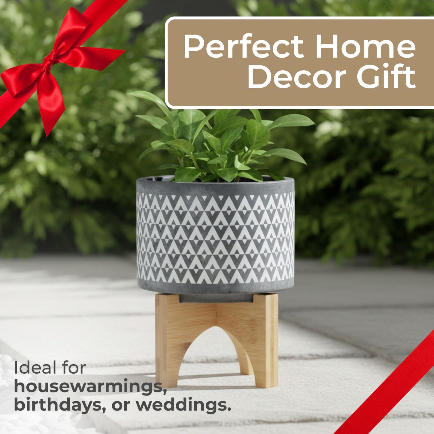 Aztec Decorative Planter Pot on Wooden Stand – Ceramic Stoneware Outdoor & Indoor Plant Pot with Gray Geometric Pattern – Modern Garden & Home Decor Ceramic Planters – 6", Gray