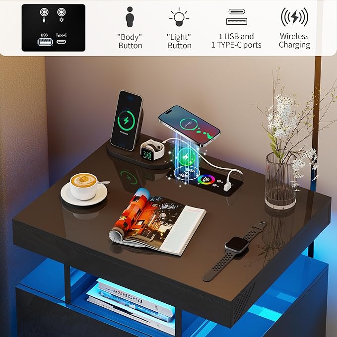 Smart Night Stand with Charging Station, Modern Black Nightstand with 24 Color