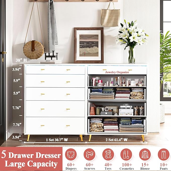 5 Drawer Dresser for Bedroom, 30.7" W x 38" H Tall Tempered Glass Top Dresser