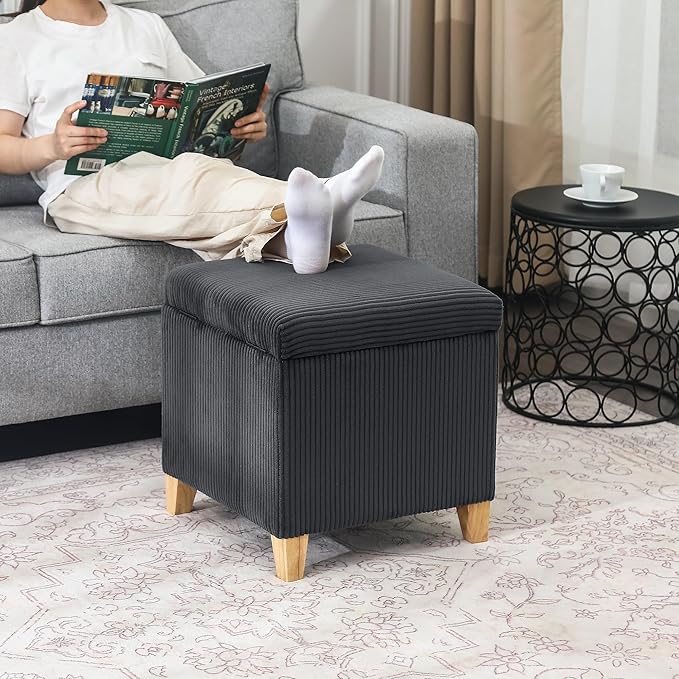 Adeco Faux Fur Storage Ottoman Cube, Upholstered Small Bench