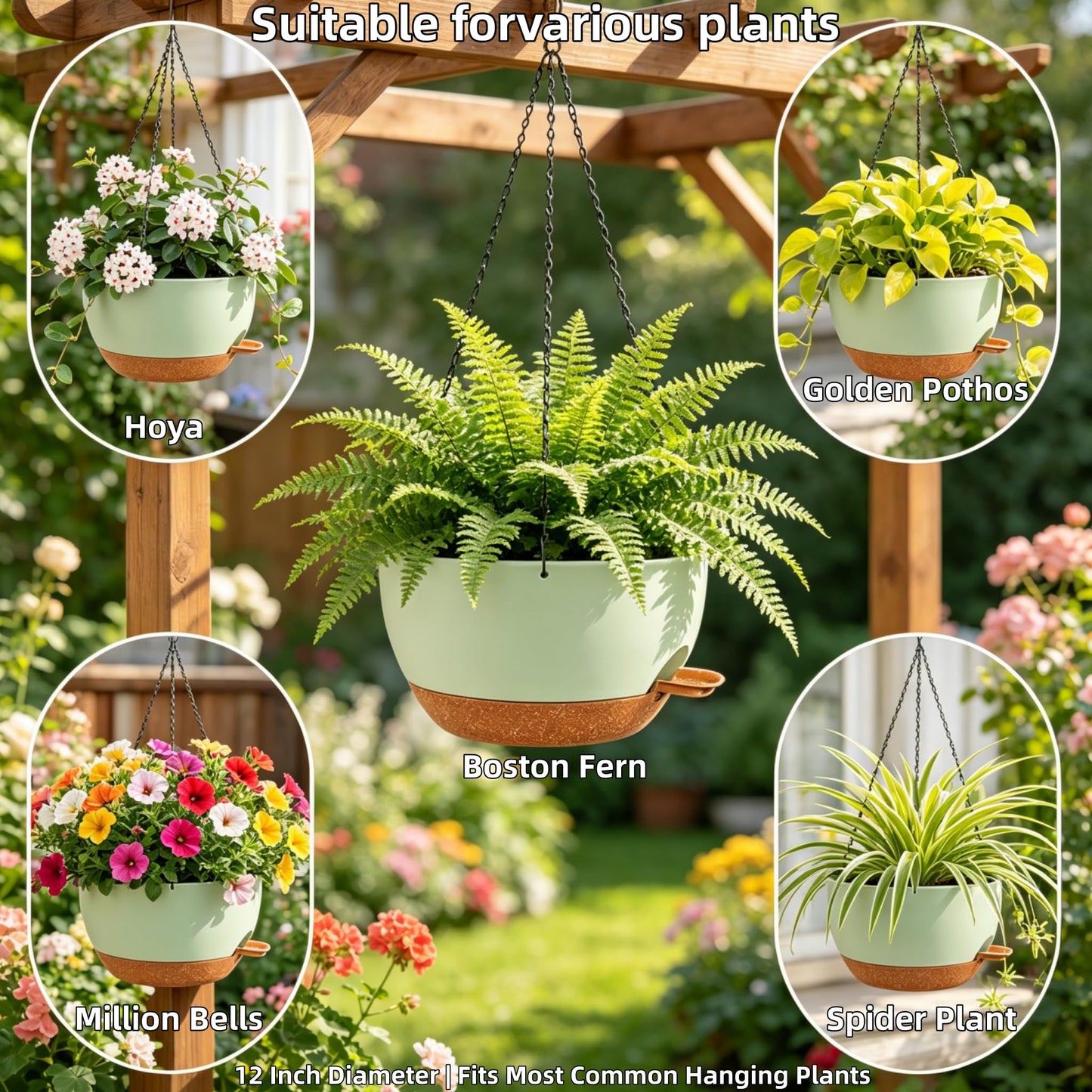 zople 2 Pack 12 Inch Self Watering Hanging Planters for Indoor Plants, Large Green Brown Plastic Hanging Pots with Chains for Outdoor Patio Garden Home Decor Green Brown