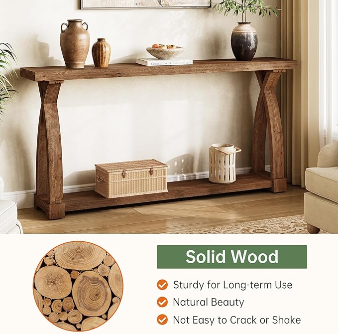 Solid Wood Console Table for Entryway, 63-Inch Narrow Farmhouse Couch Table