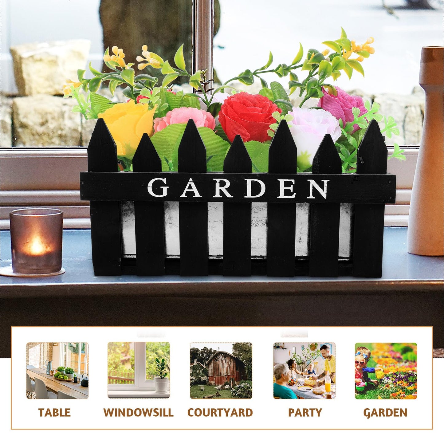 Homoyoyo Rectangular Wooden Fence Flower Pot Planter Box for Balcony and Garden, Hollow Creative Planting Basket in Black, Decorative Outdoor Patio Container for Flowers Arrangement