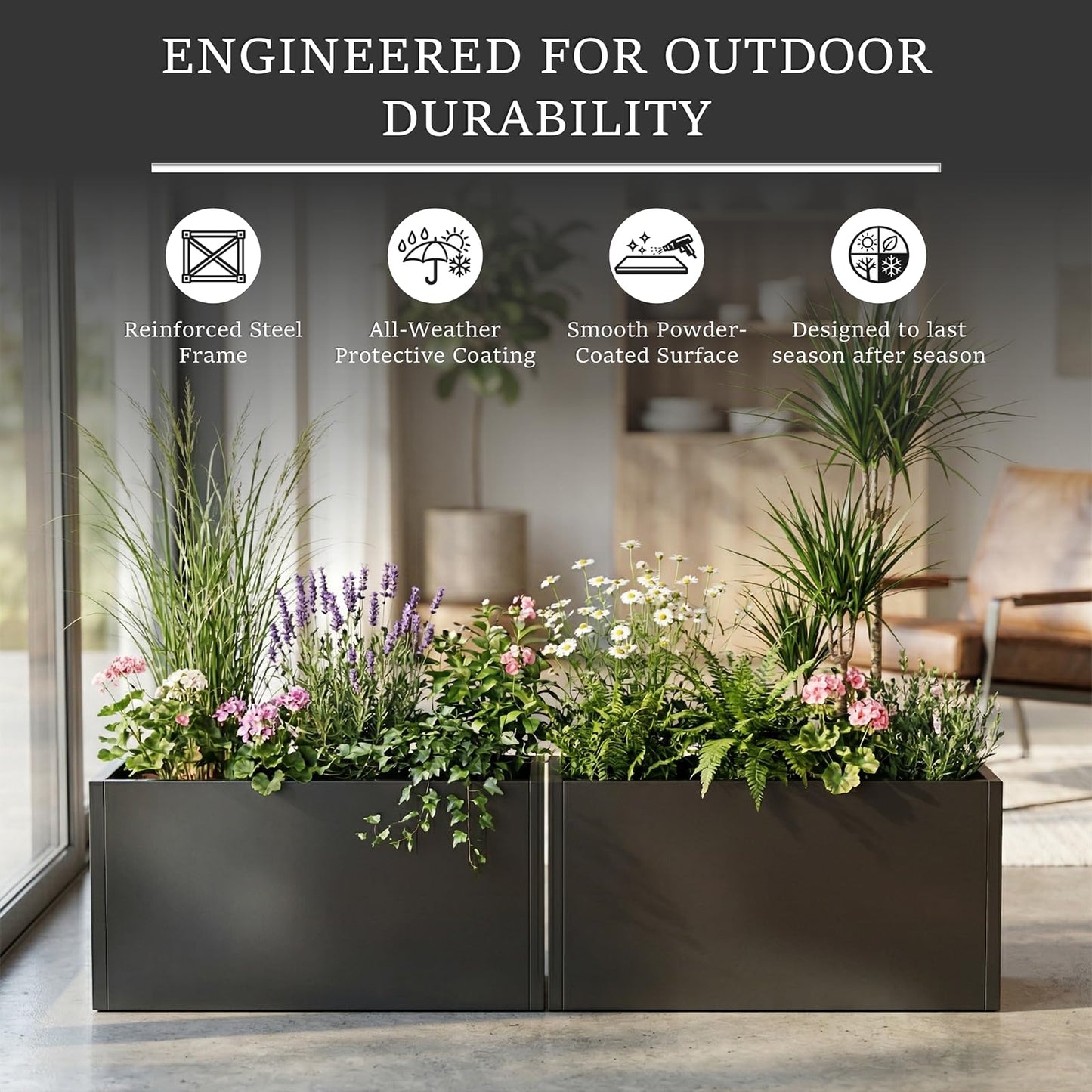 WIZWERK Rustproof Metal Planter Box 32 Inch Outdoor, Galvanized Steel Raised Garden Bed with Drainage Holes, Large Deep Rectangular Planter for Patio Balcony Porch Backyard