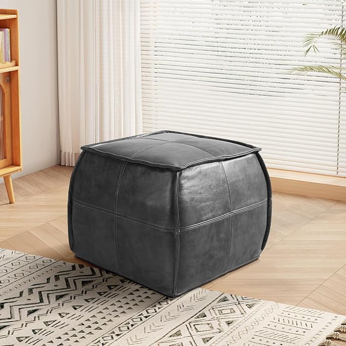 Leather Ottoman, Handmade Stuffed Square Ottoman, Genuine Leather Pouf