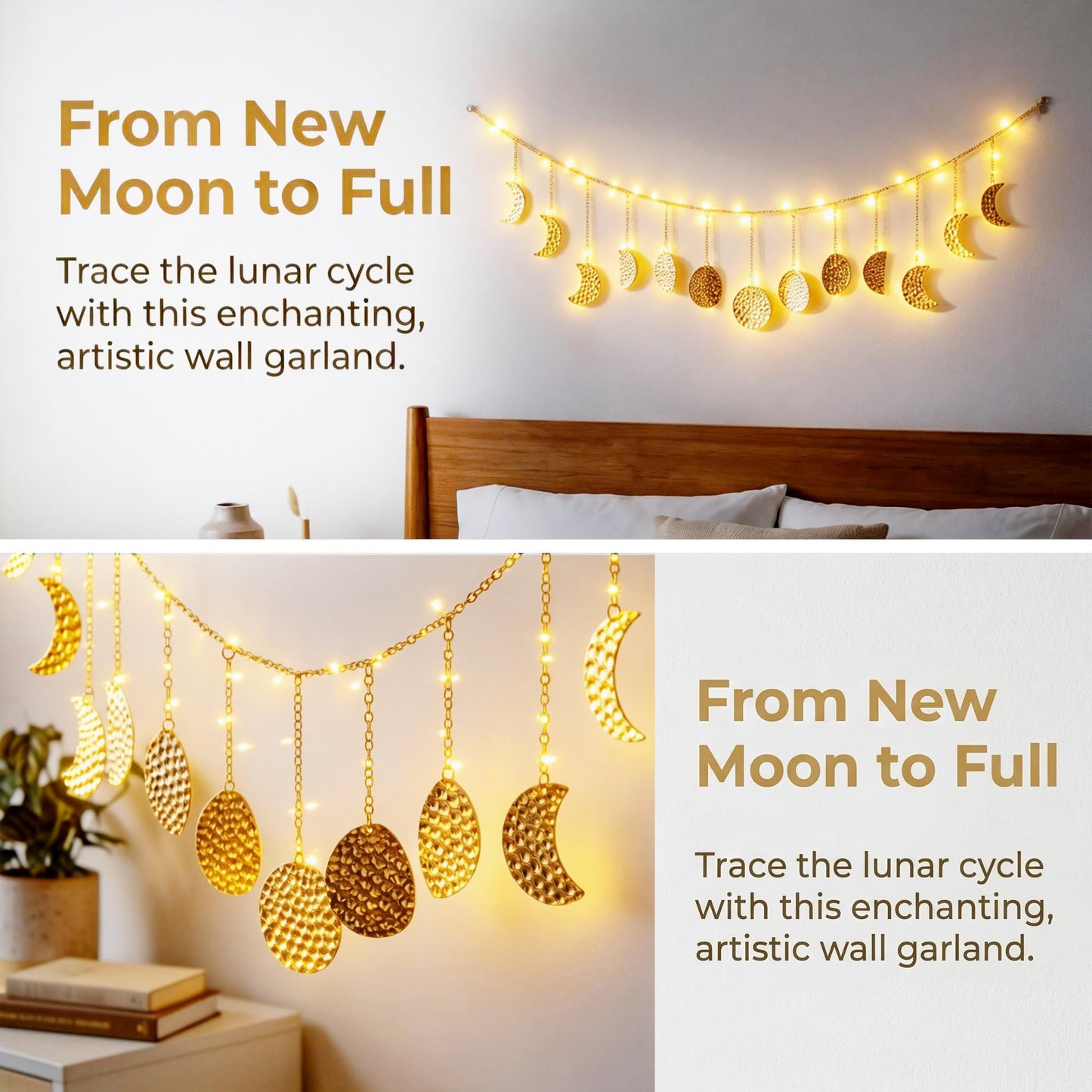Opulinea Boho Moon Phase Wall Hanging, Gold Hammered Metal LED Celestial Garland for Bedroom Witchy Home Christmas Decor